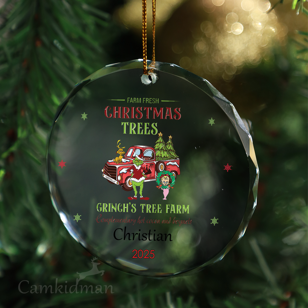  Grinch Tree Farm Round Holiday Decor 2025 Glass Christmas Ornament