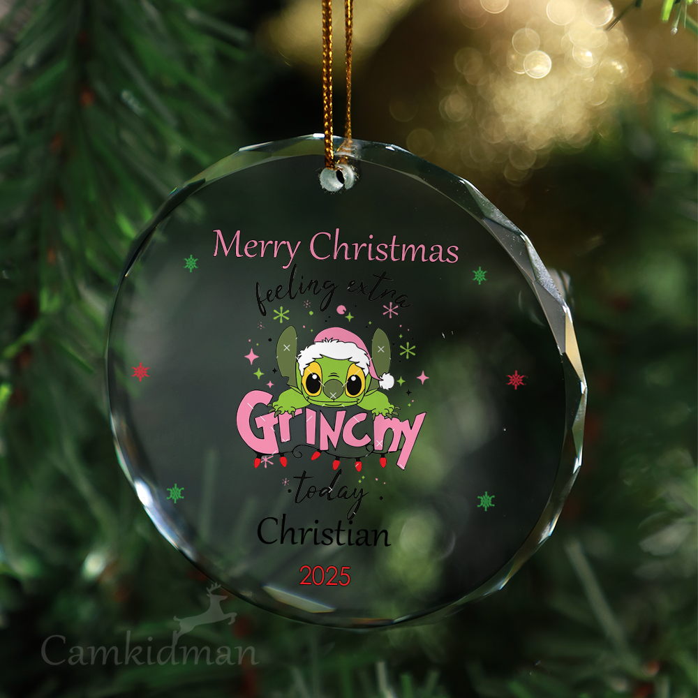 Holiday Feeling Extra Grinchy Round Stocking Stuffer 2025 Glass Christmas Ornament