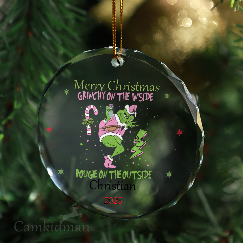 Grinch mas Holiday Decor Personalized Name 2025 Glass Ornament gifts