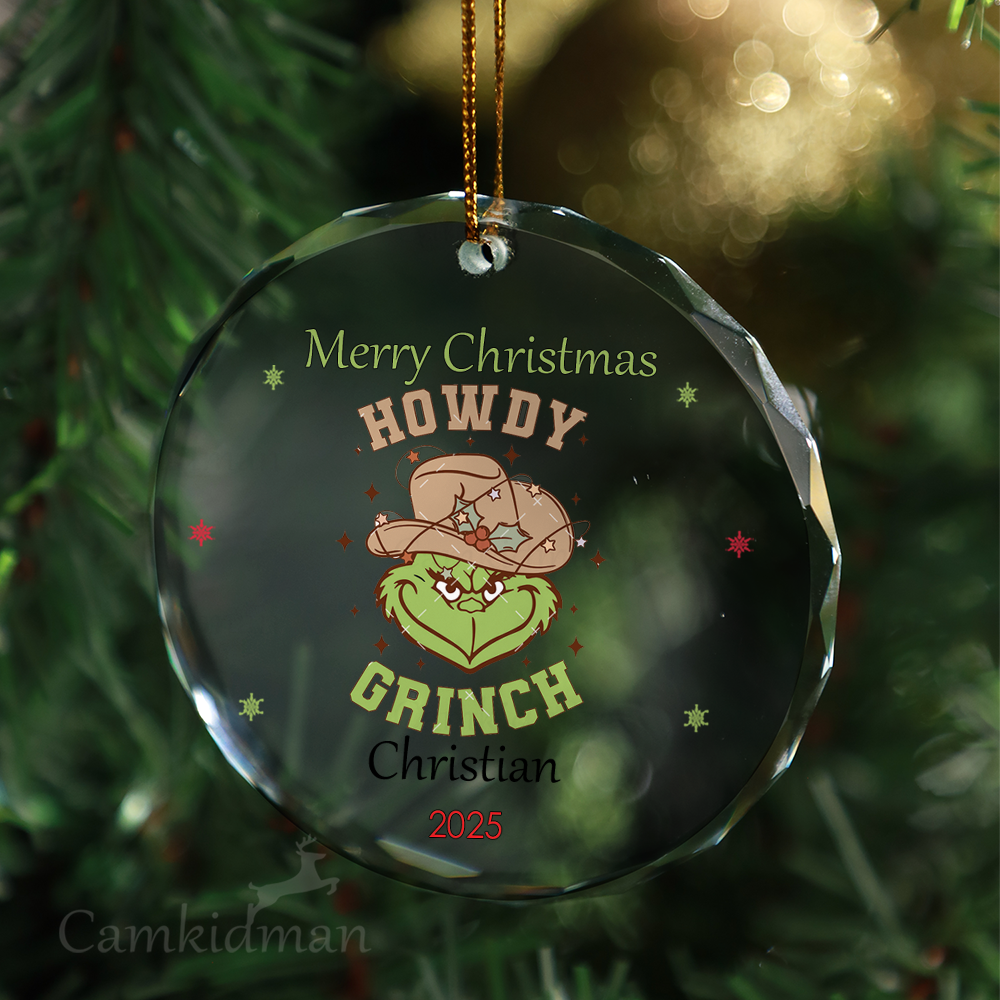  Howdy Grinch Glass Christmas Ornament 2025 Personalized Name Gift 2025
