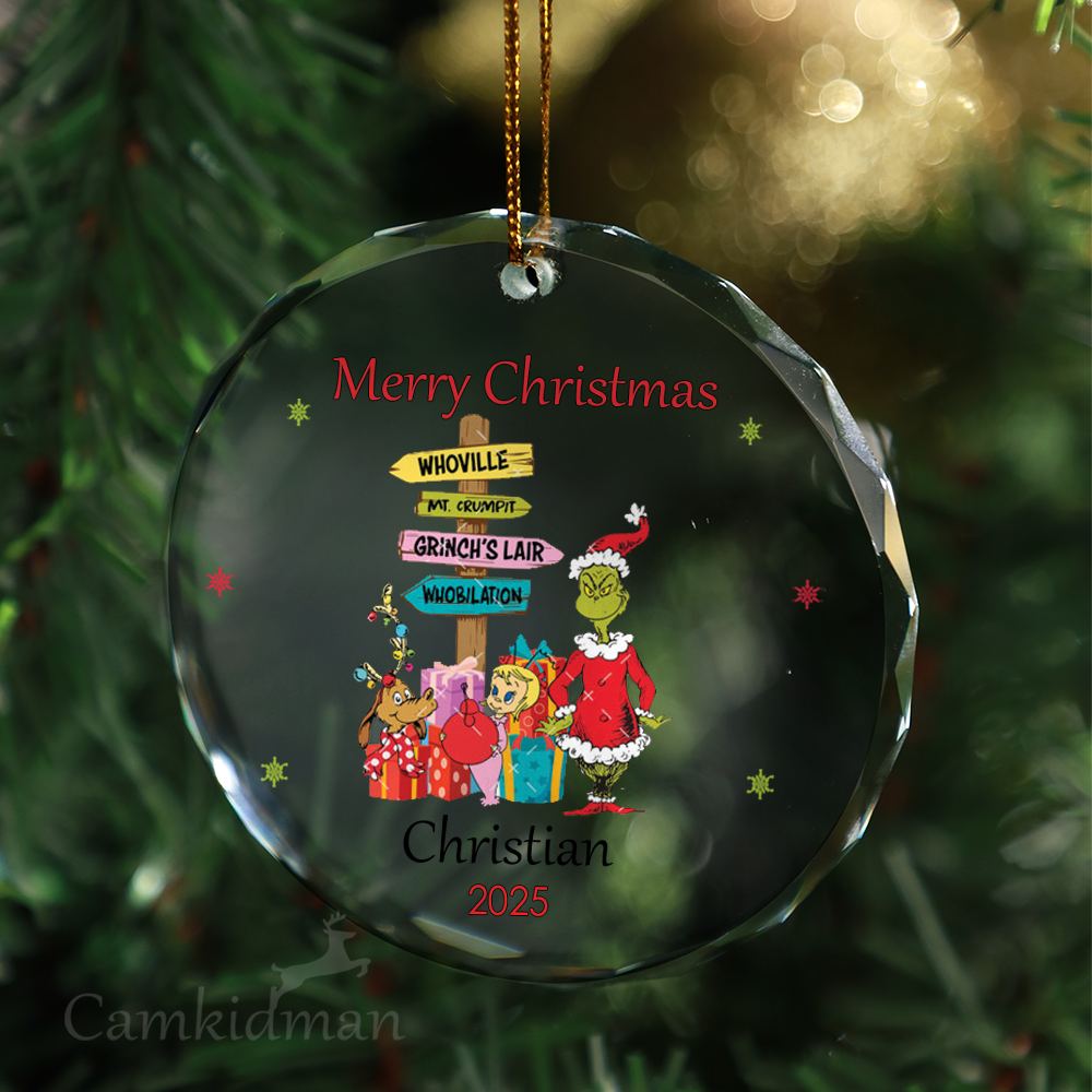 Grinch With Signpost Holiday Decor gifts Glass Christmas Ornament