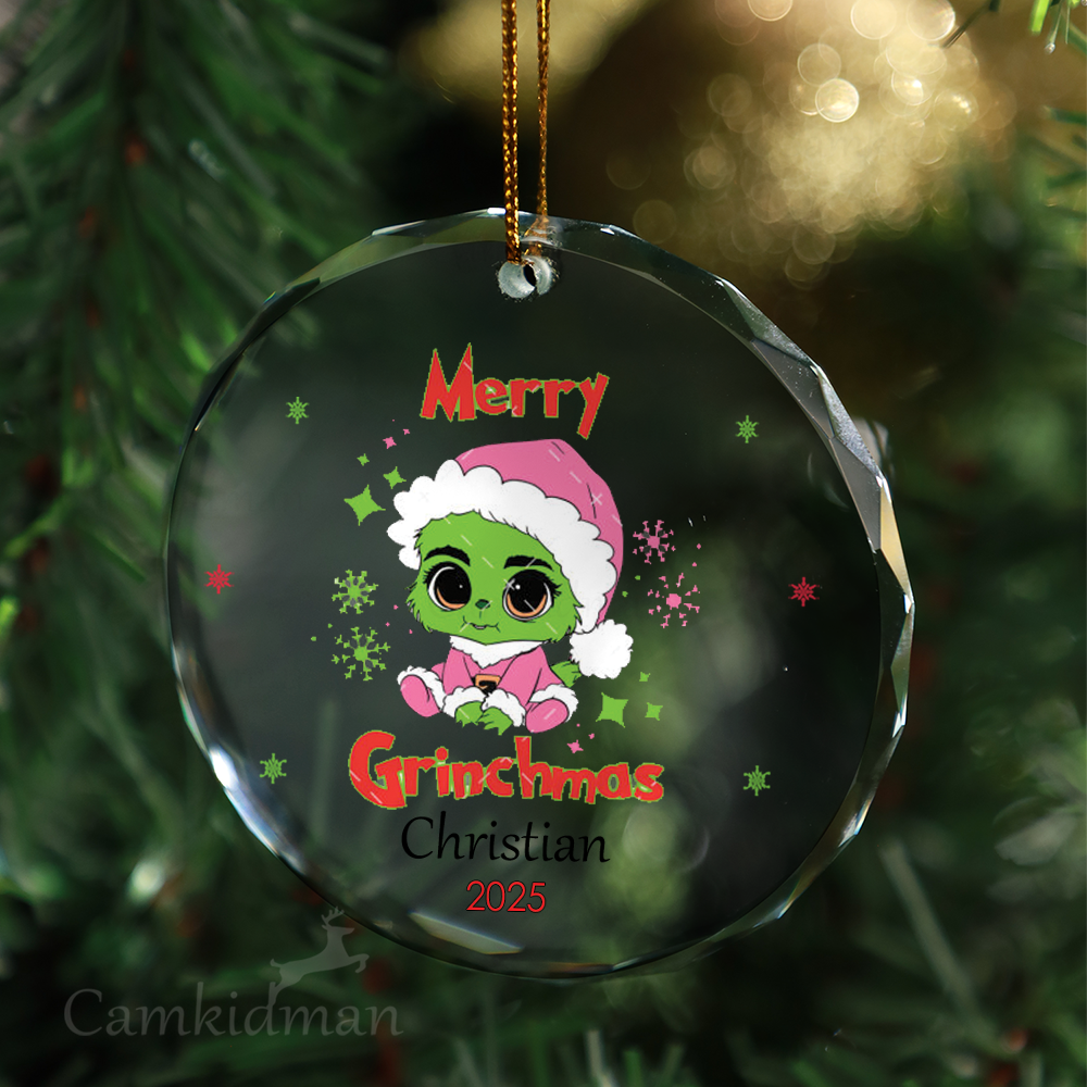 Cute Baby Grinch in Santa Hat 2025 Glass Christmas Ornament 2025 Personalized Name