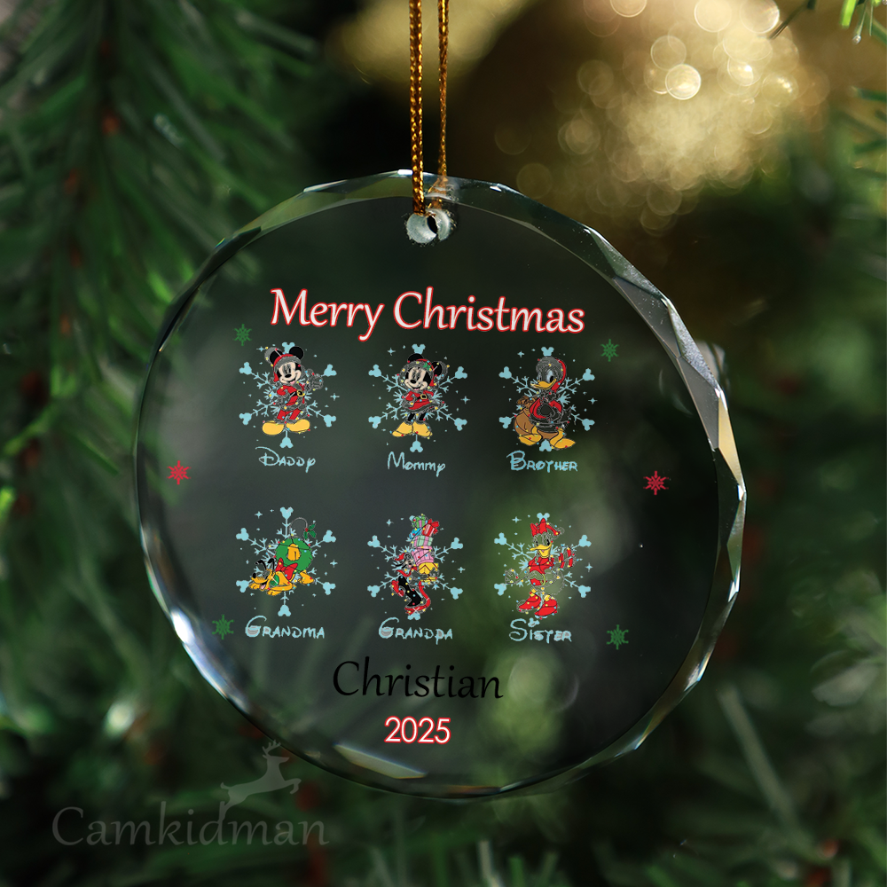 Disney Mickey and Friends Group Personalized Name 2025 Glass Ornament Round 