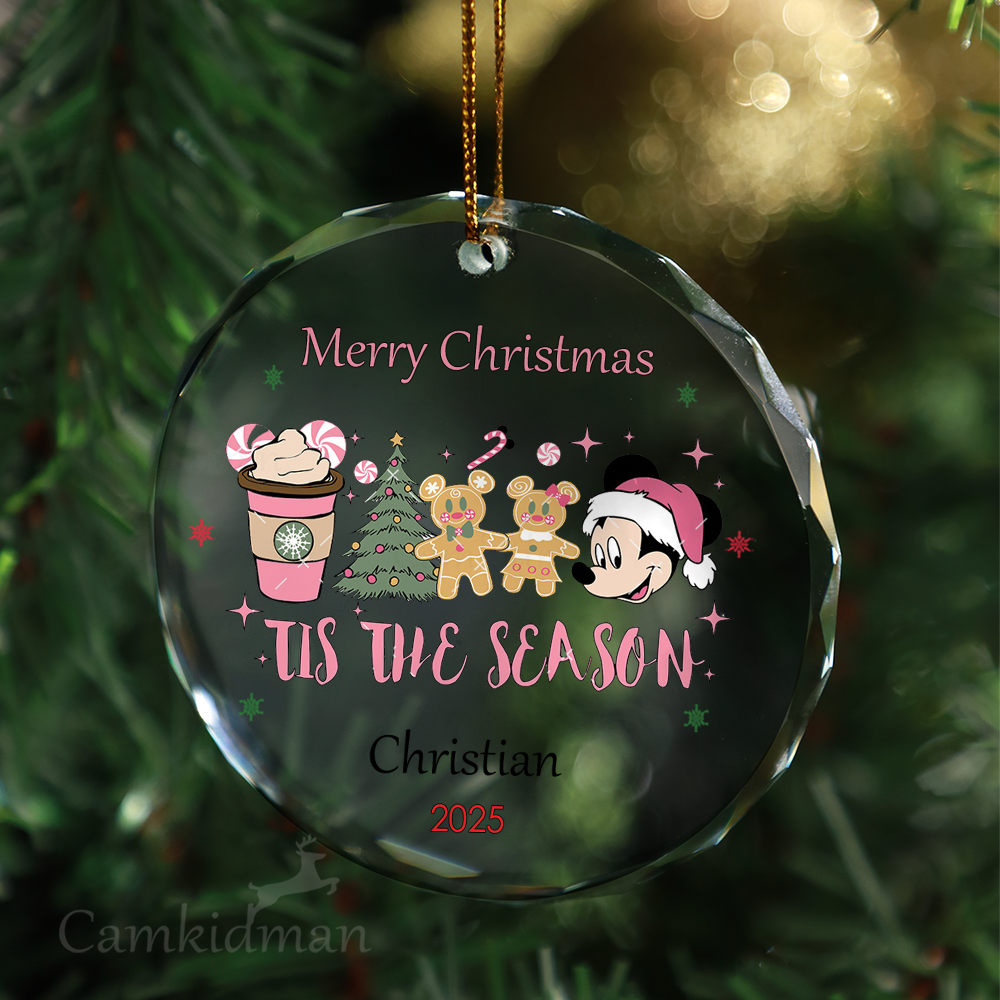 Disney Minnie and Mickey Tis the Season 2025 Glass Christmas Ornament 2025 Personalized Name