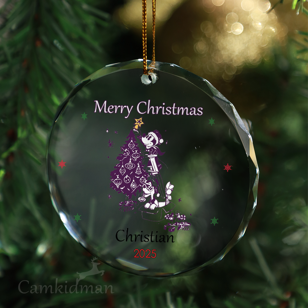 Disney Mickey Mouse Purple Tree Personalized Name 2025 Glass Ornament Round 