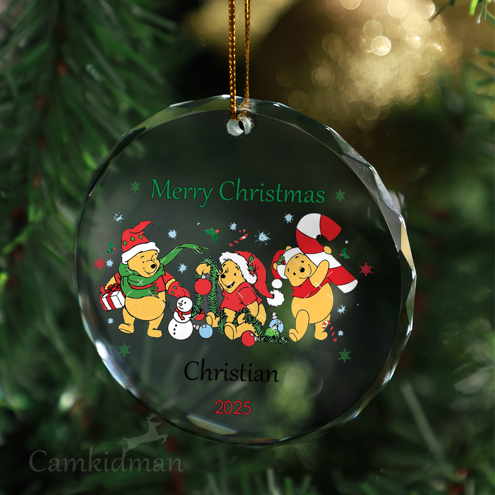 Disney Winnie the Pooh and Friends Round  Glass Christmas Ornament