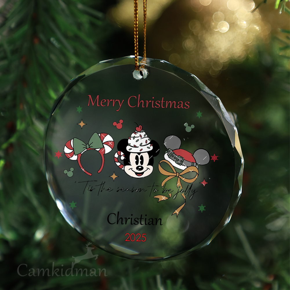 Disney Mickey and Minnie Holiday Scene 2025 Round  Glass Christmas Ornament