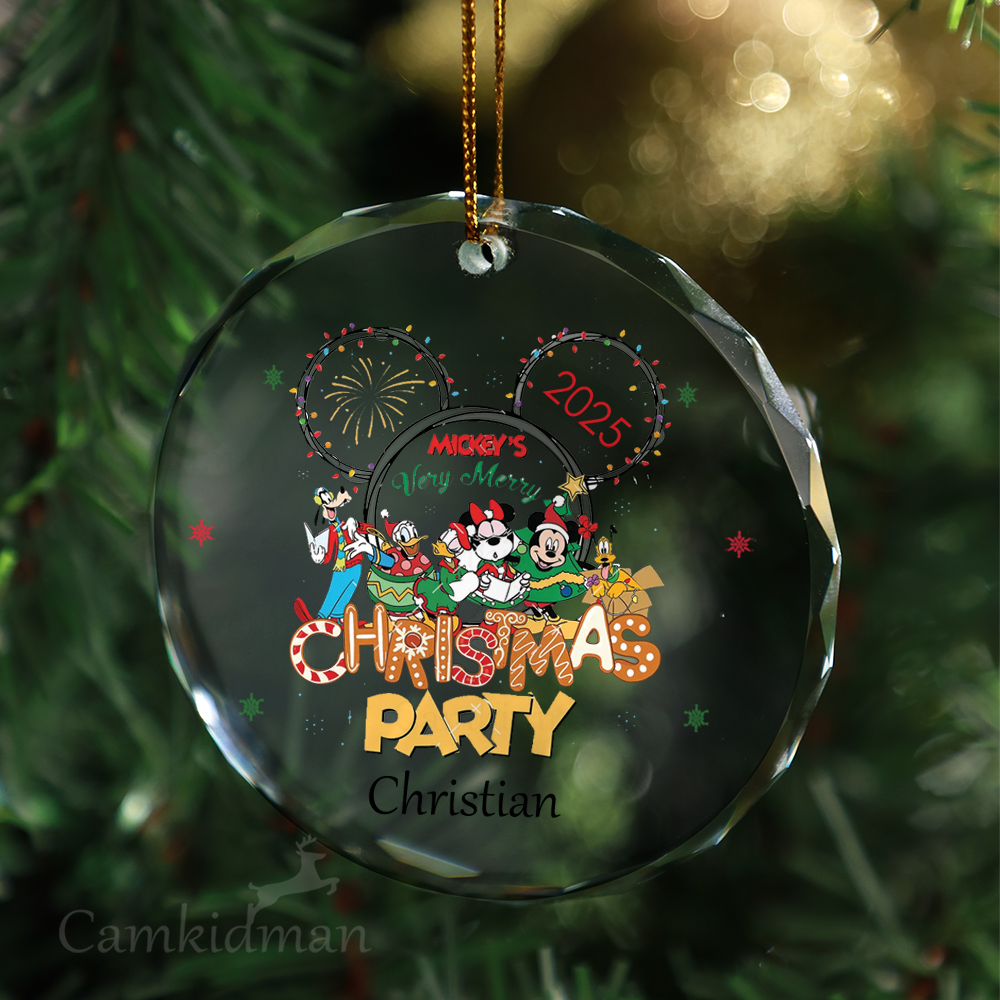 Disney Mickey Minnie Donald Holiday Party 2025 Glass Christmas Ornament 2025 Personalized Name
