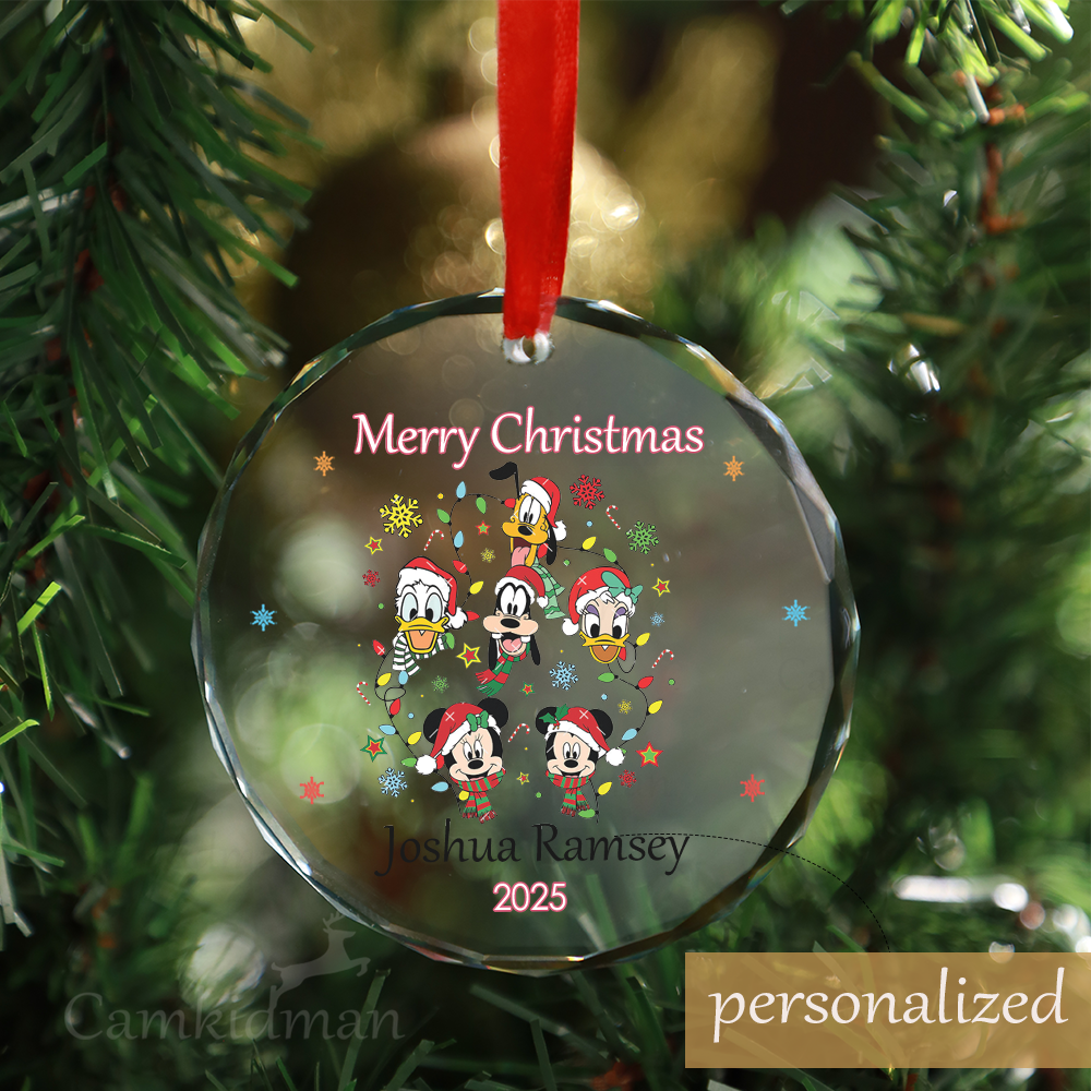 Personalized Name Disney Characters Group 2025 Christmas Glass Ornament 