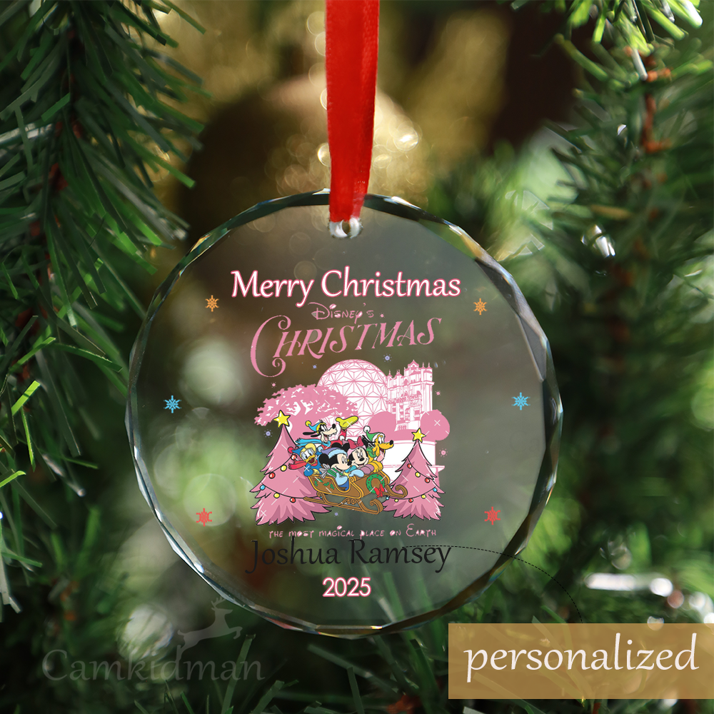 Personalized Name Disney pink Christmas Tree Gifts 2025 Christmas Glass Ornament 