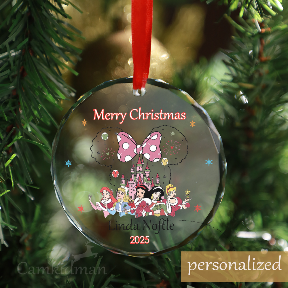 Personalized Name Disney Character Group Bow 2025 Christmas Glass Ornament tree