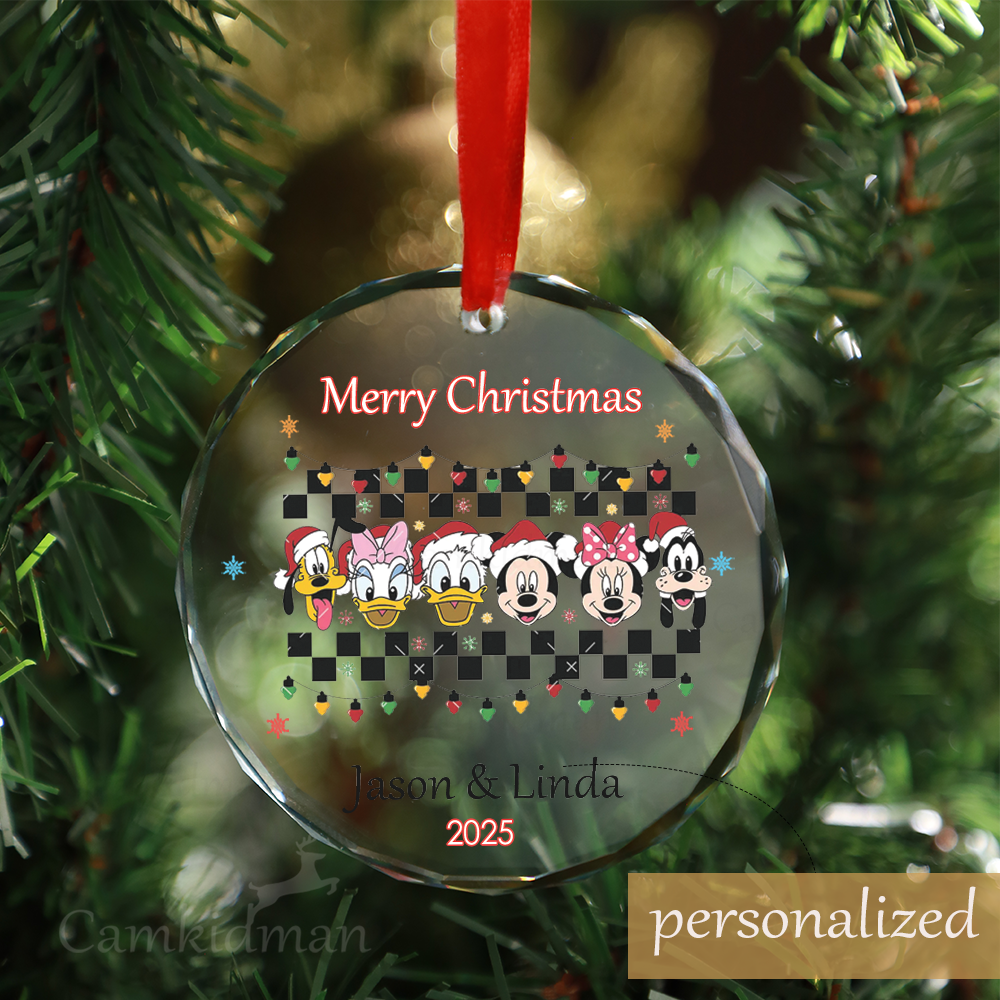 Personalized Name Disney Character Checkerboard 2025 Christmas Glass Ornament gifts family