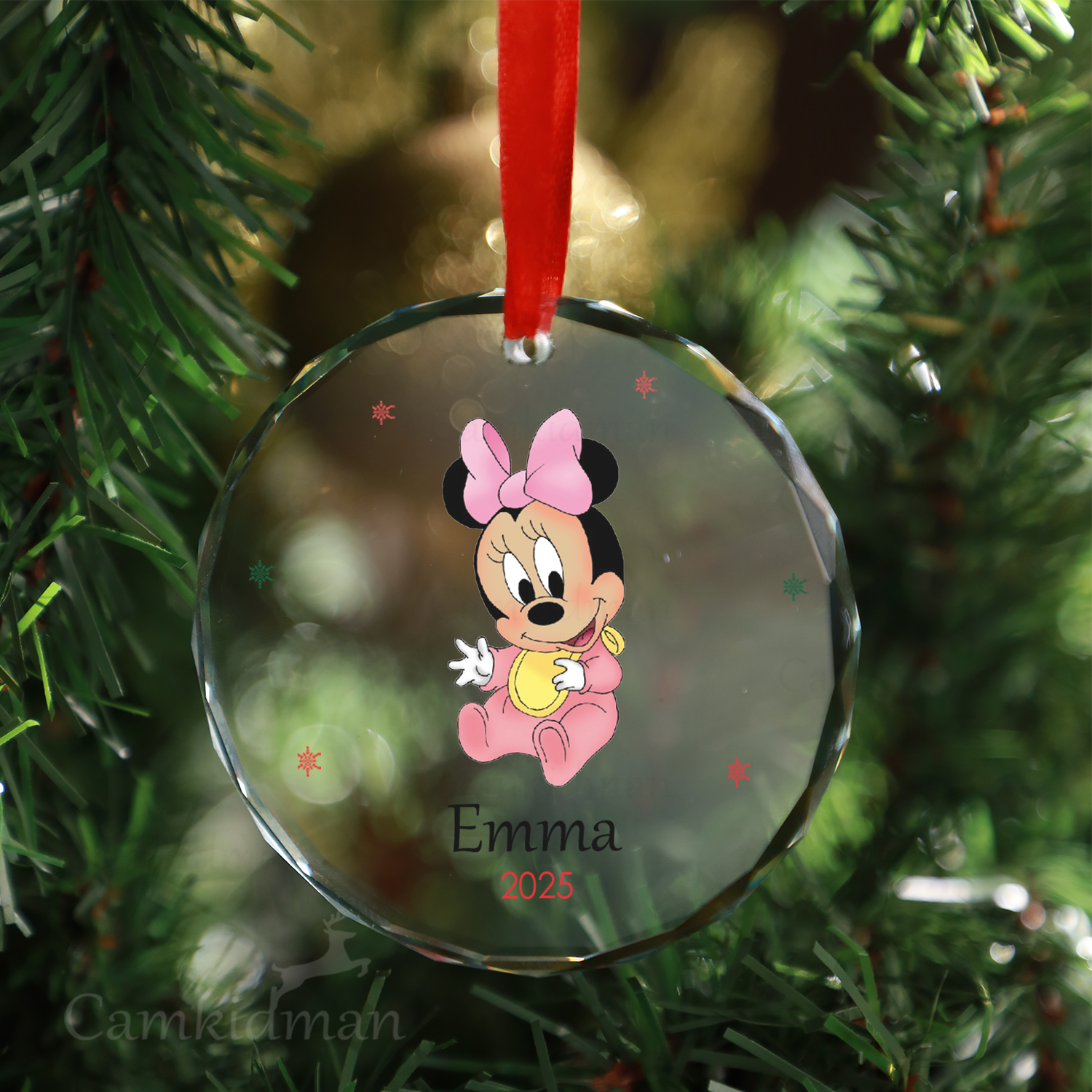 Personalized Name Baby Minnie Pink Bow 2025 Christmas Glass Ornament gifts