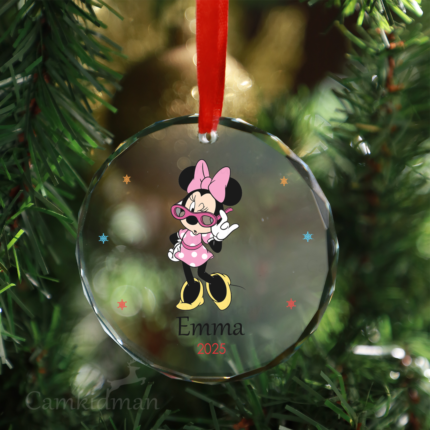 Personalized Name Baby Minnie Pink Bow 2025 Christmas Glass Ornament gifts
