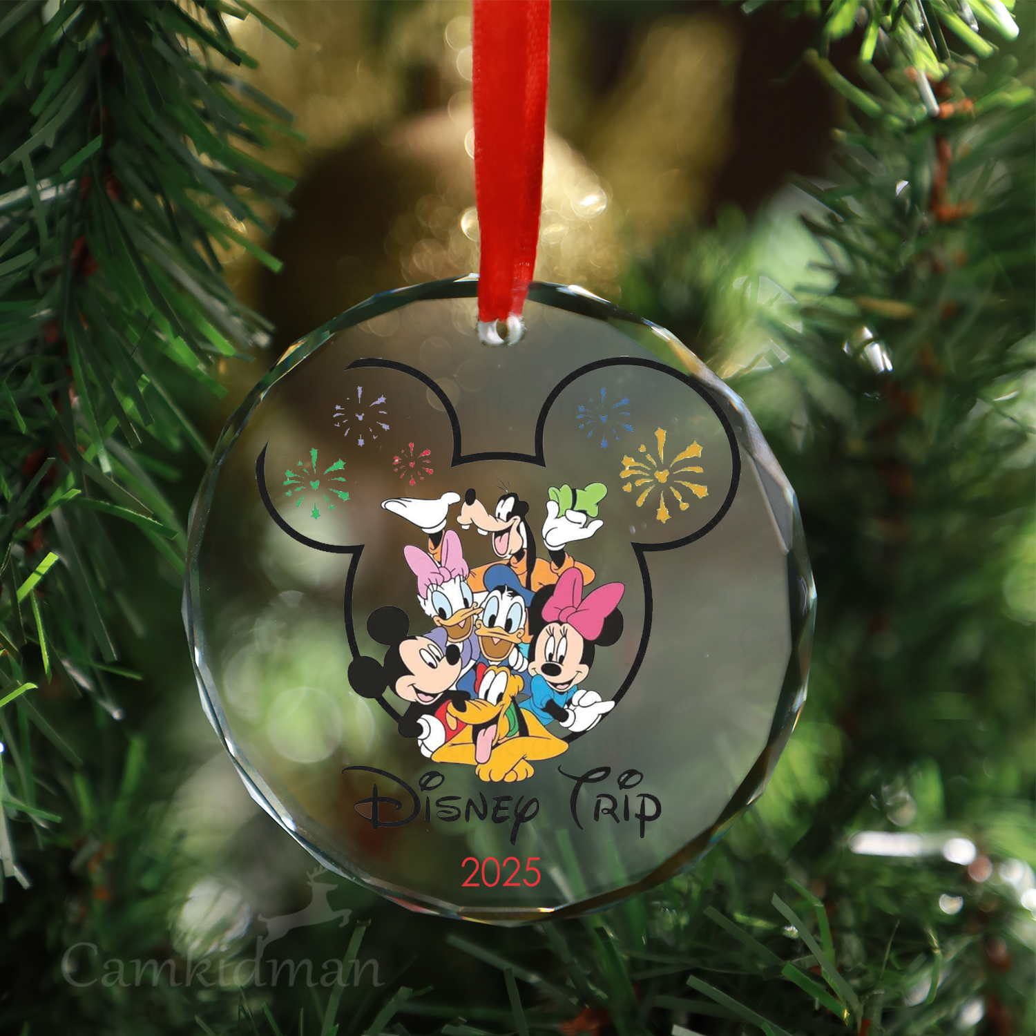 Personalized Name Disney Trip Mickey Minnie 2025 Christmas Glass Ornament gifts family