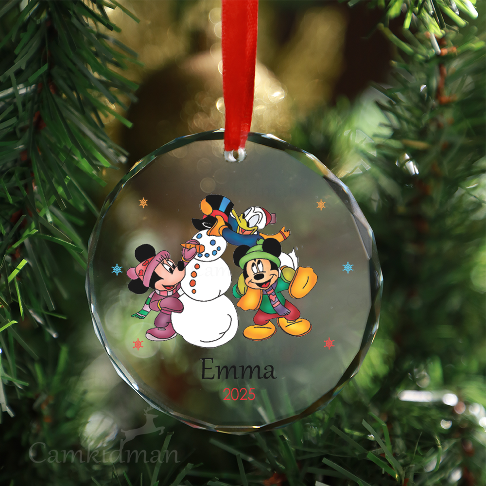 Personalized Name Disney Snowman Friends 2025 Christmas Glass Ornament tree