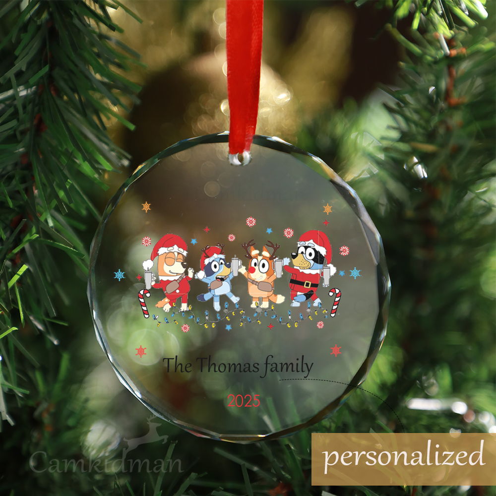 Personalized Name Bluey Family Snow Scene 2025 Christmas Glass Ornament gifts
