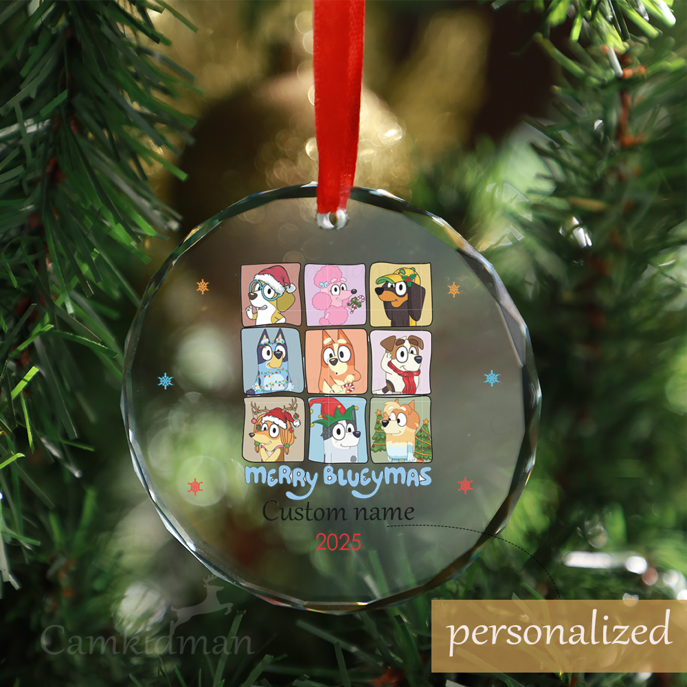Personalized Name Bluey Custom Name Grid 2025 Christmas Glass Ornament gifts family