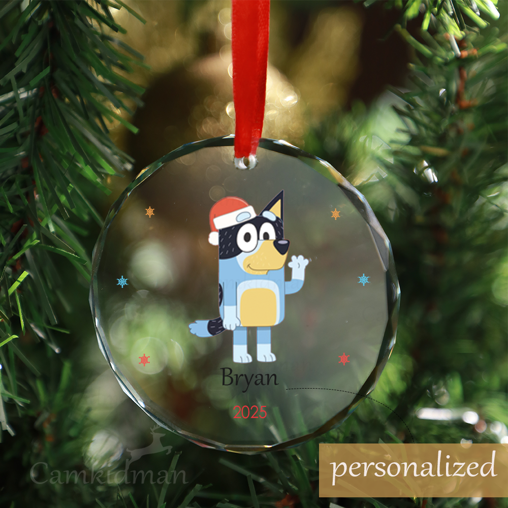 Personalized Name Bluey With Present 2025 Christmas Glass Ornament tree