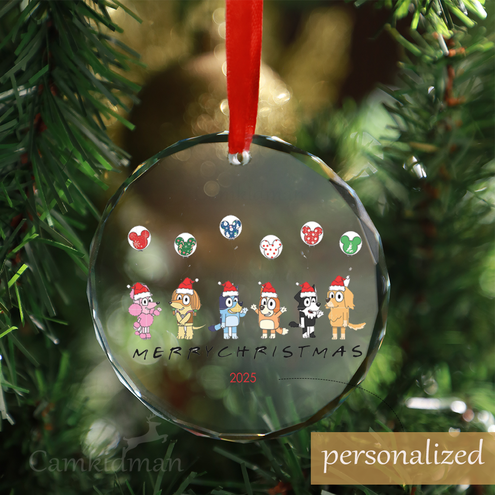 Personalized Name Bluey Merry Christmas Characters 2025 Christmas Glass Ornament gifts