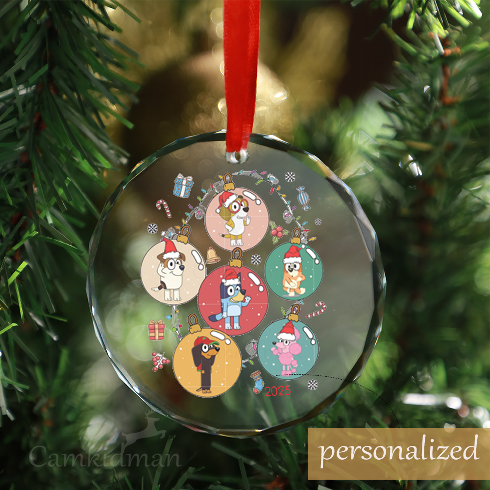 Personalized Name Bluey Christmas Baubles 2025 Christmas Glass Ornament tree