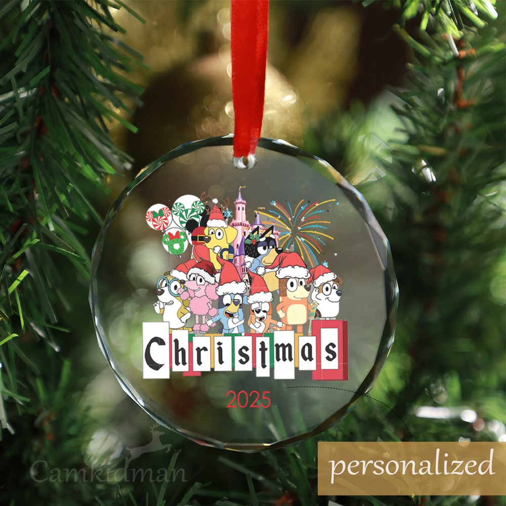 Personalized Name Bluey Christmas Celebration 2025 Christmas Glass Ornament gifts kids