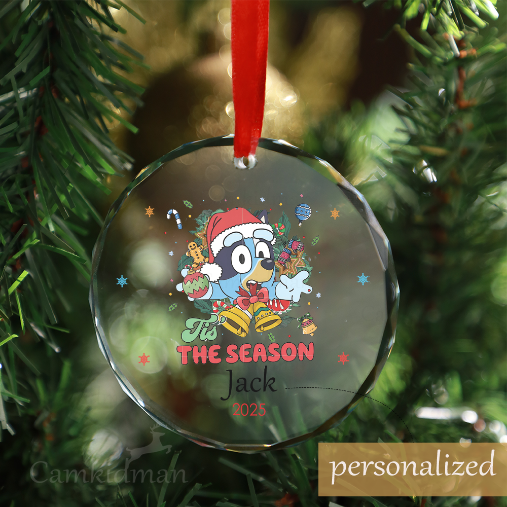 Personalized Name Bluey Tis The Season 2025 Christmas Glass Ornament gifts kids