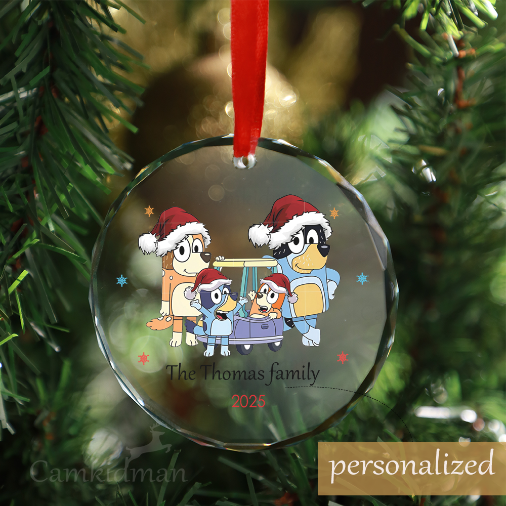 Personalized Name Bluey Family Sleigh Ride 2025 Christmas Glass Ornament gifts family