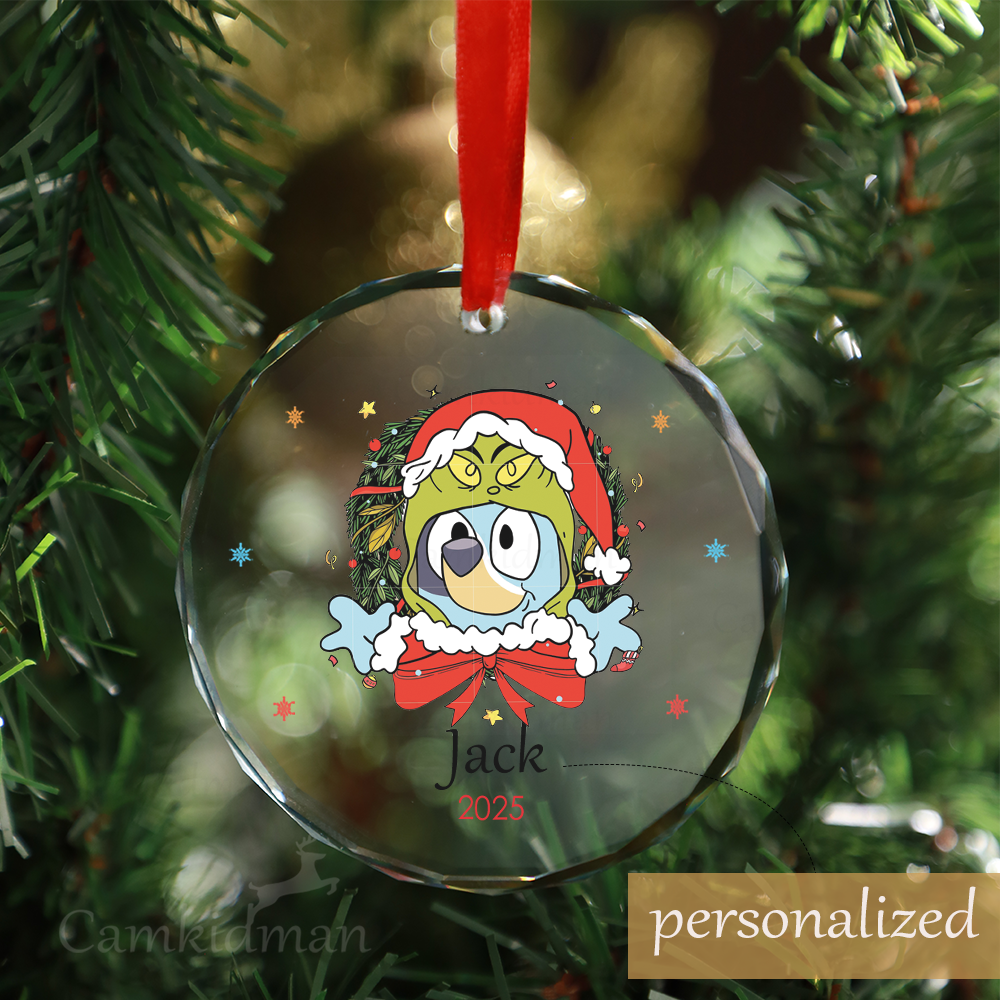 Personalized Name Bluey Santa Wreath 2025 Christmas Glass Ornament tree