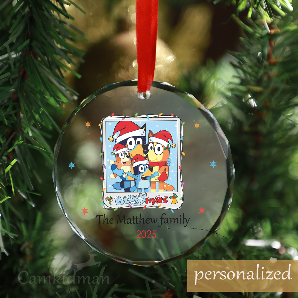 Personalized Name Bluey Family Window Scene 2025 Christmas Glass Ornament gifts family
