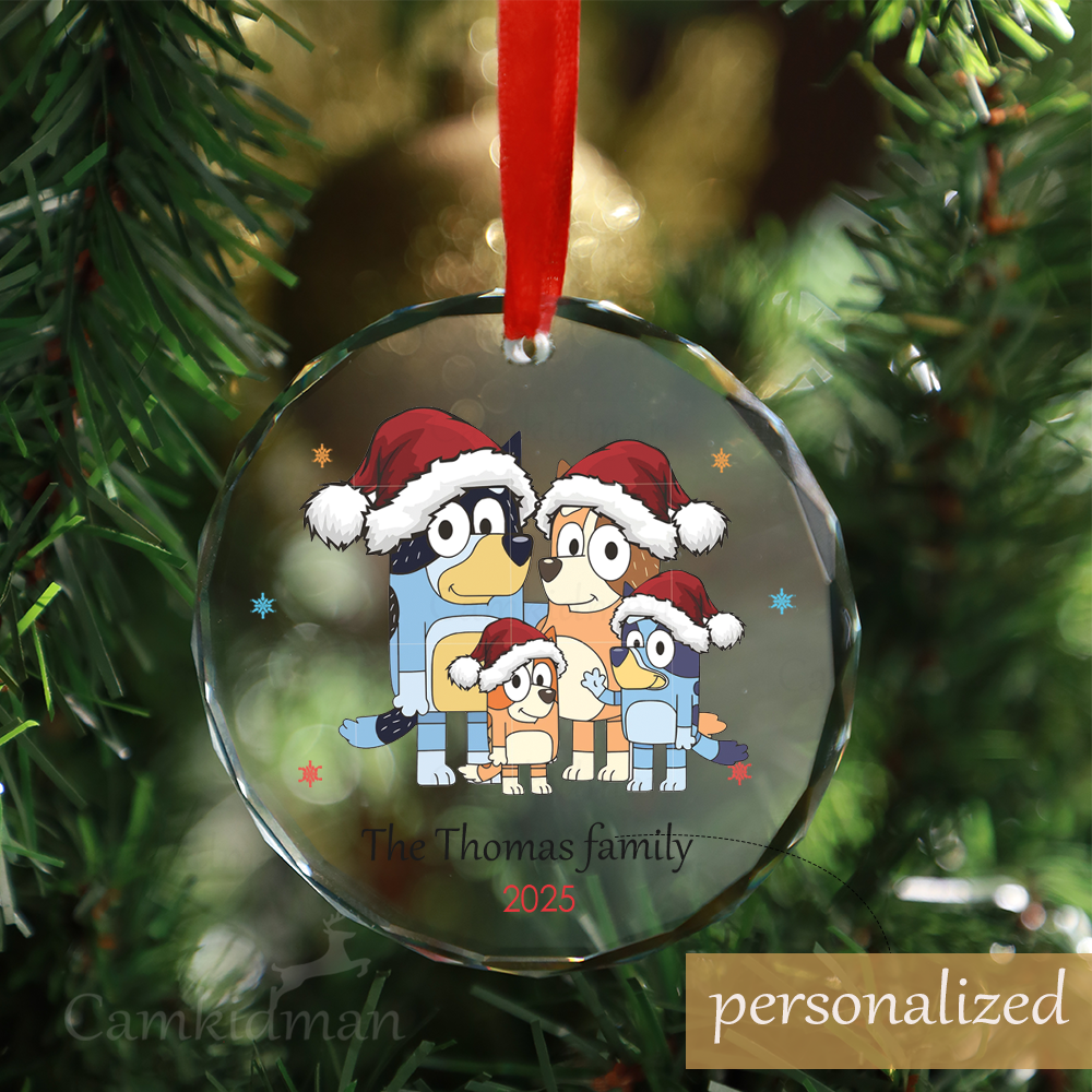 Personalized Name Bluey Family Portrait 2025 Christmas Glass Ornament gifts family