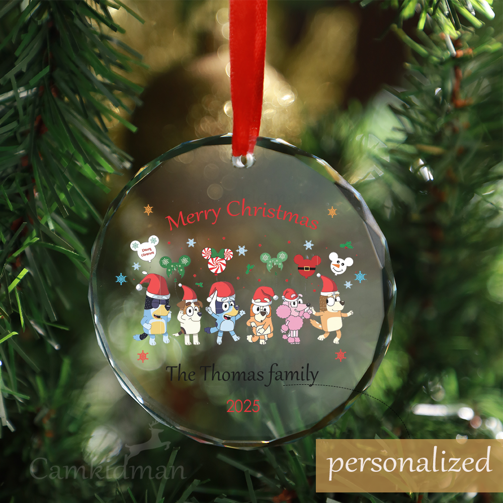 Personalized Name Bluey Friend children's gifts Christmas Glass Ornament tree