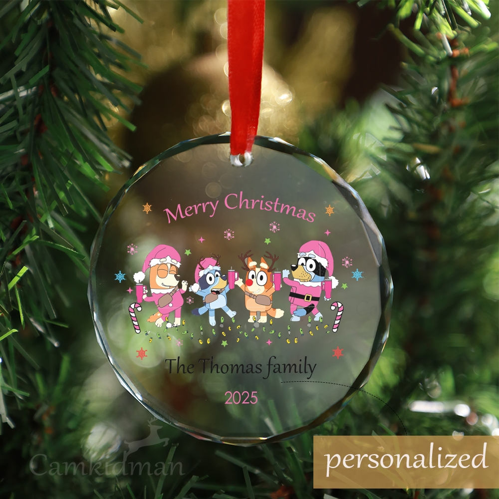 Personalized Name Bluey Family Custom Name 2025 Christmas Glass Ornament gifts family