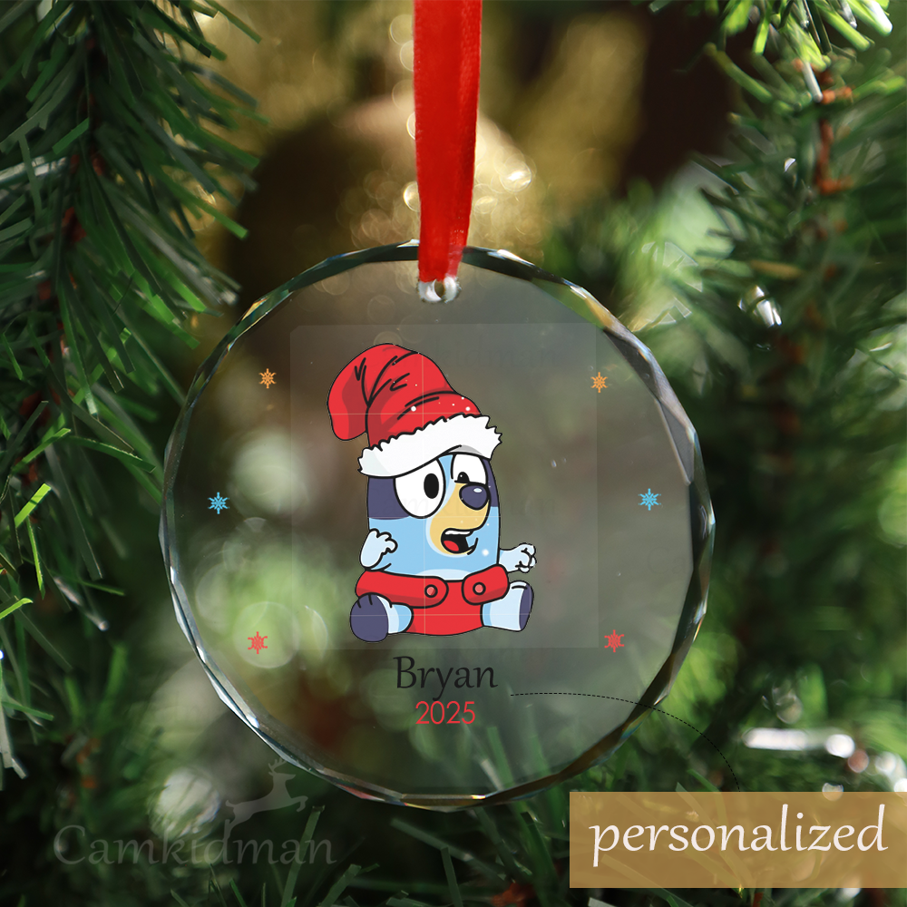 Personalized Name Bluey Puppy With Santa Hat 2025 Christmas Glass Ornament gifts