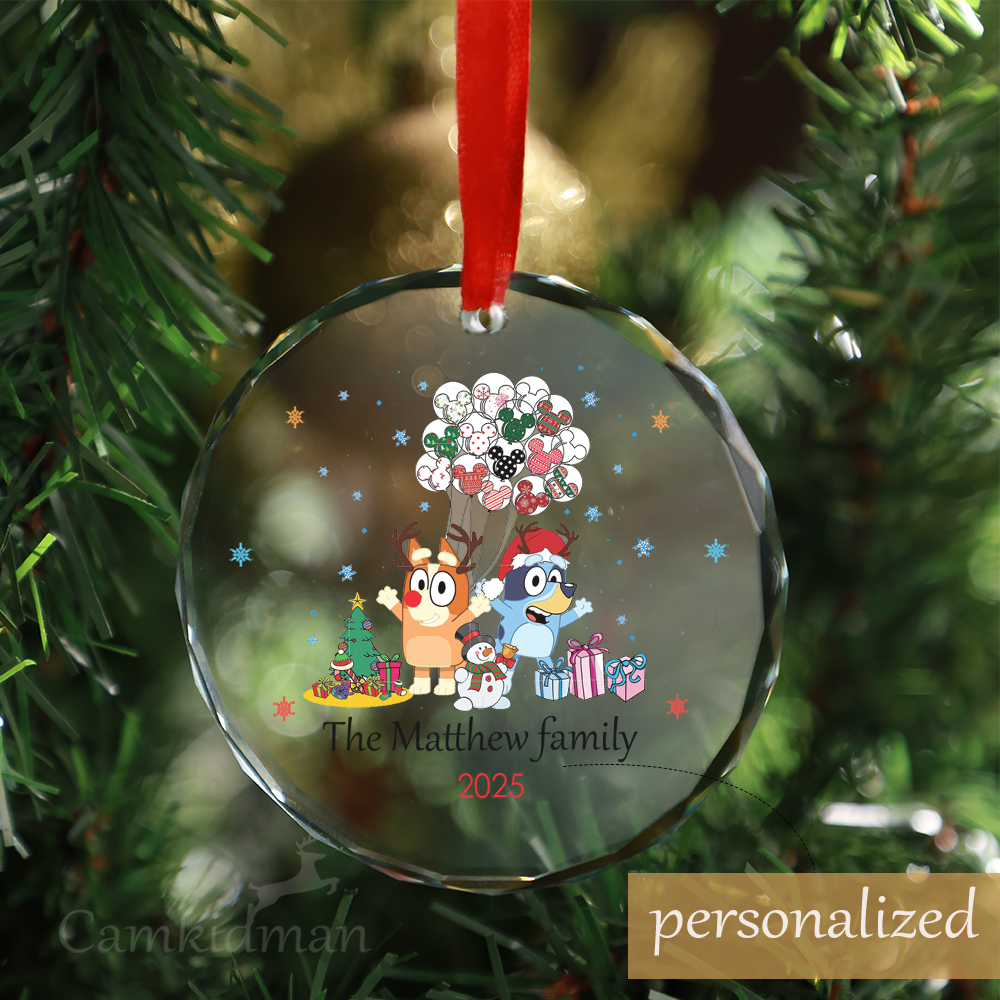 Personalized Name Bluey Family Reindeer Tree 2025 Christmas Glass Ornament gifts family