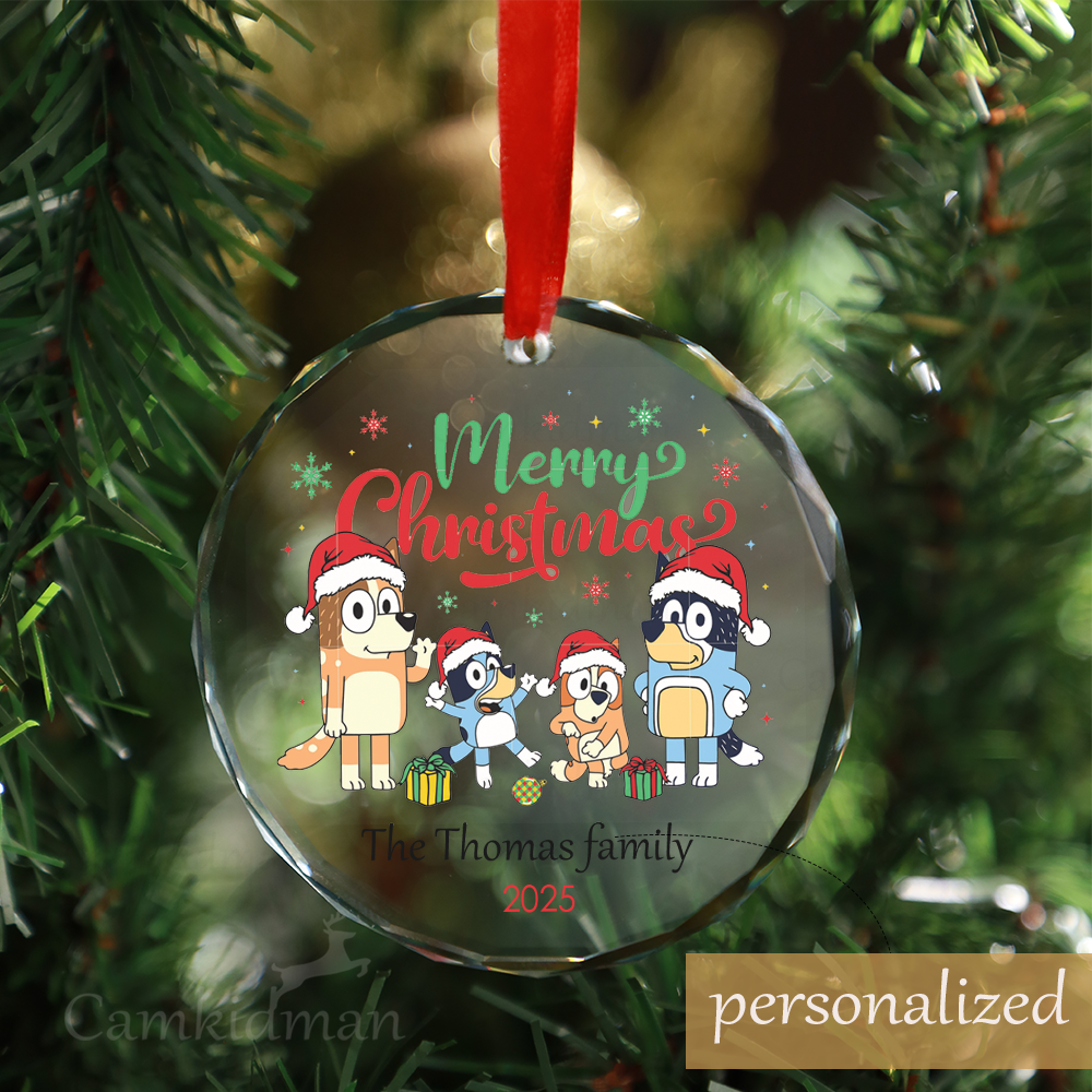 Personalized Name Bluey Merry Christmas Group 2025 Christmas Glass Ornament gifts kids