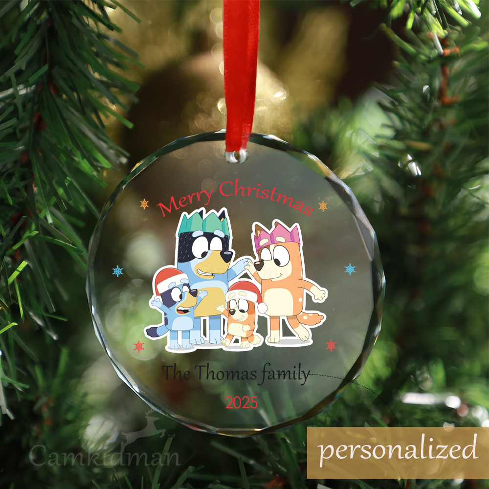 Personalized Name Bluey Custom Name Characters 2025 Christmas Glass Ornament gifts family