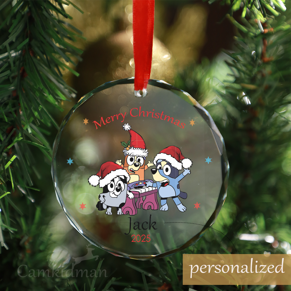 Personalized Name Bluey Family Gifts 2025 Christmas Glass Ornament tree
