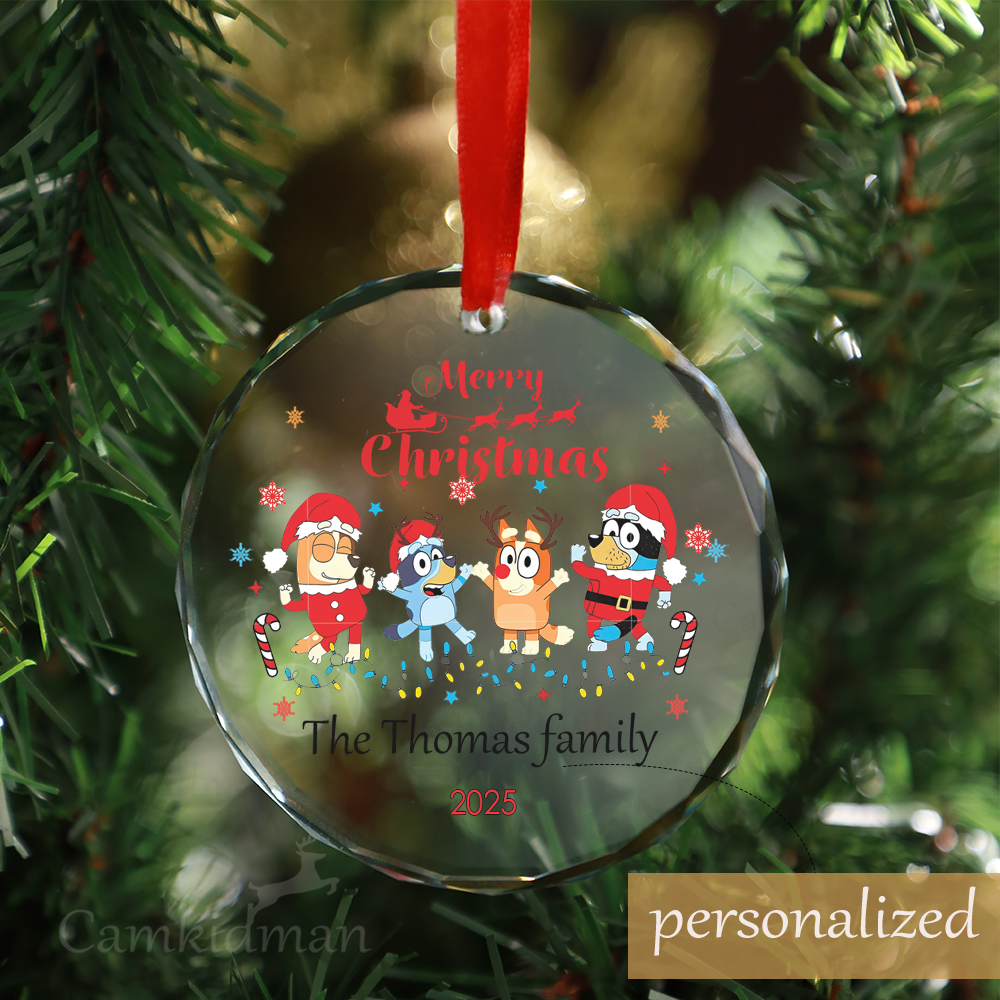 Personalized Name Bluey Family Custom Glass Ornament 2025 Christmas Glass Ornament gifts kids