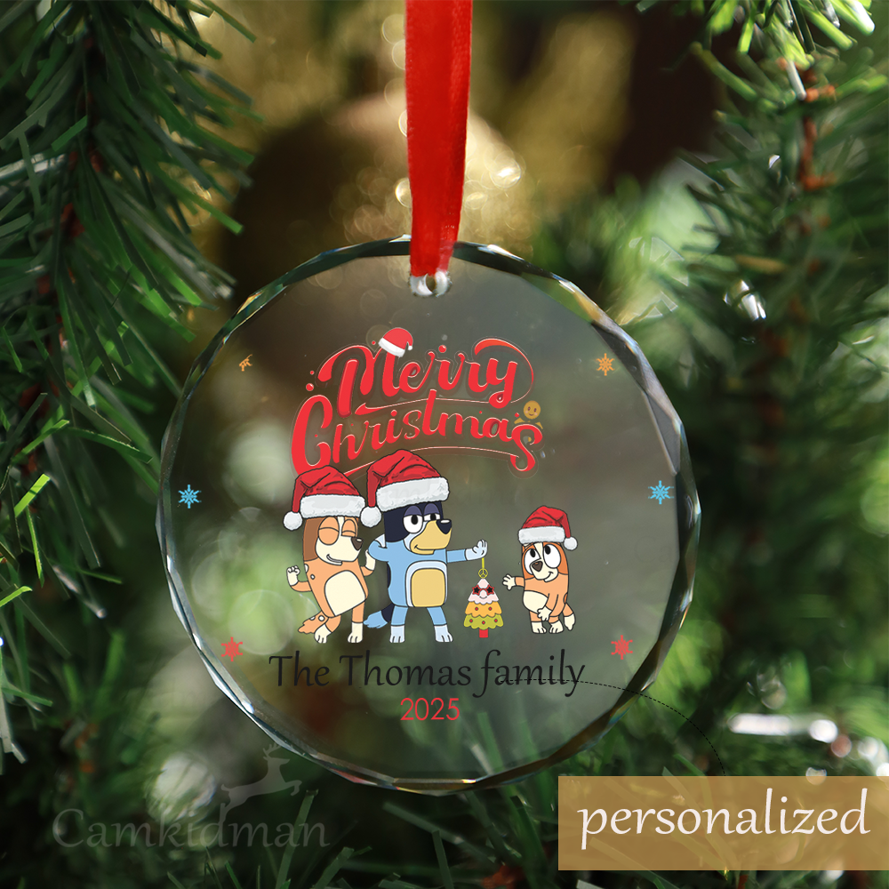 Personalized Name Bluey Family Celebration Christmas Glass Ornament gifts family