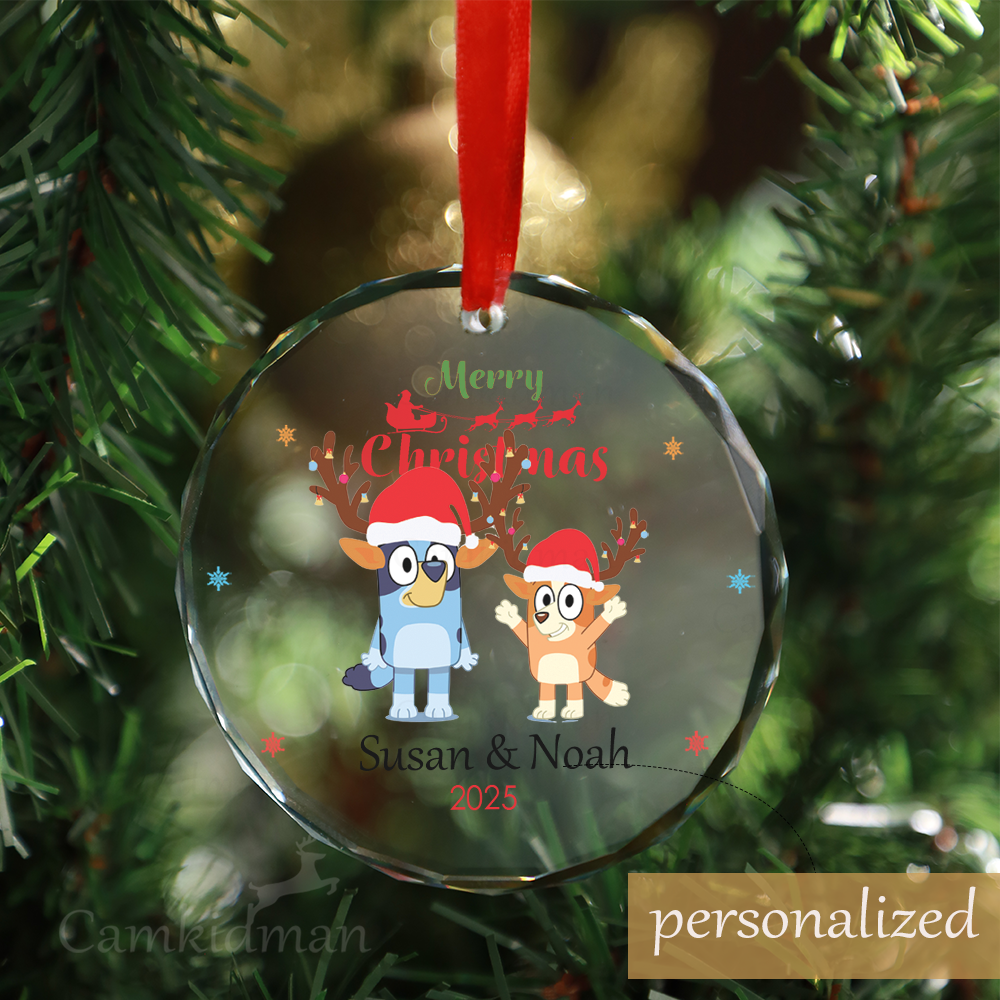 Personalized Name Bluey children's gifts Christmas Glass Ornament gifts family