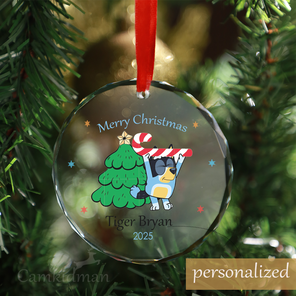 Personalized Name Bluey children's gifts Christmas Glass Ornament gifts