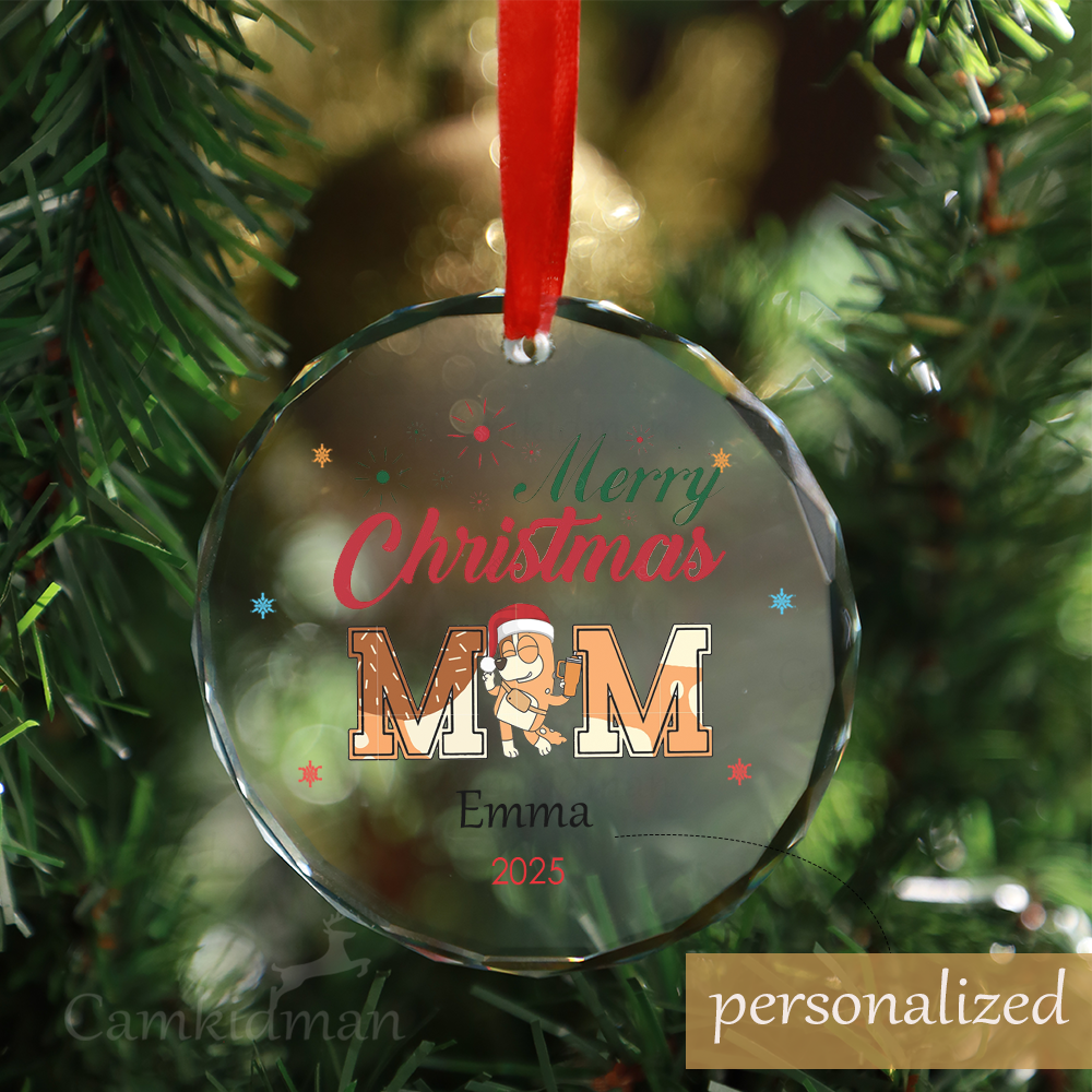 Personalized Name Bingo Bluey Mum Christmas Glass Ornament gifts