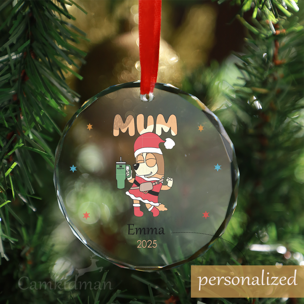 Personalized Name Bluey Mum Character Christmas Glass Ornament tree