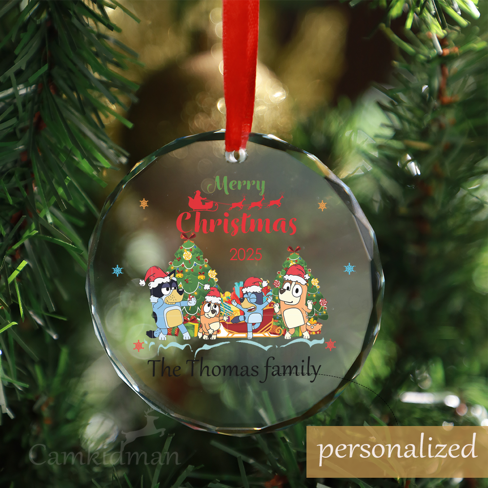 Personalized Name Bluey Family With Tree Christmas Glass Ornament gifts family