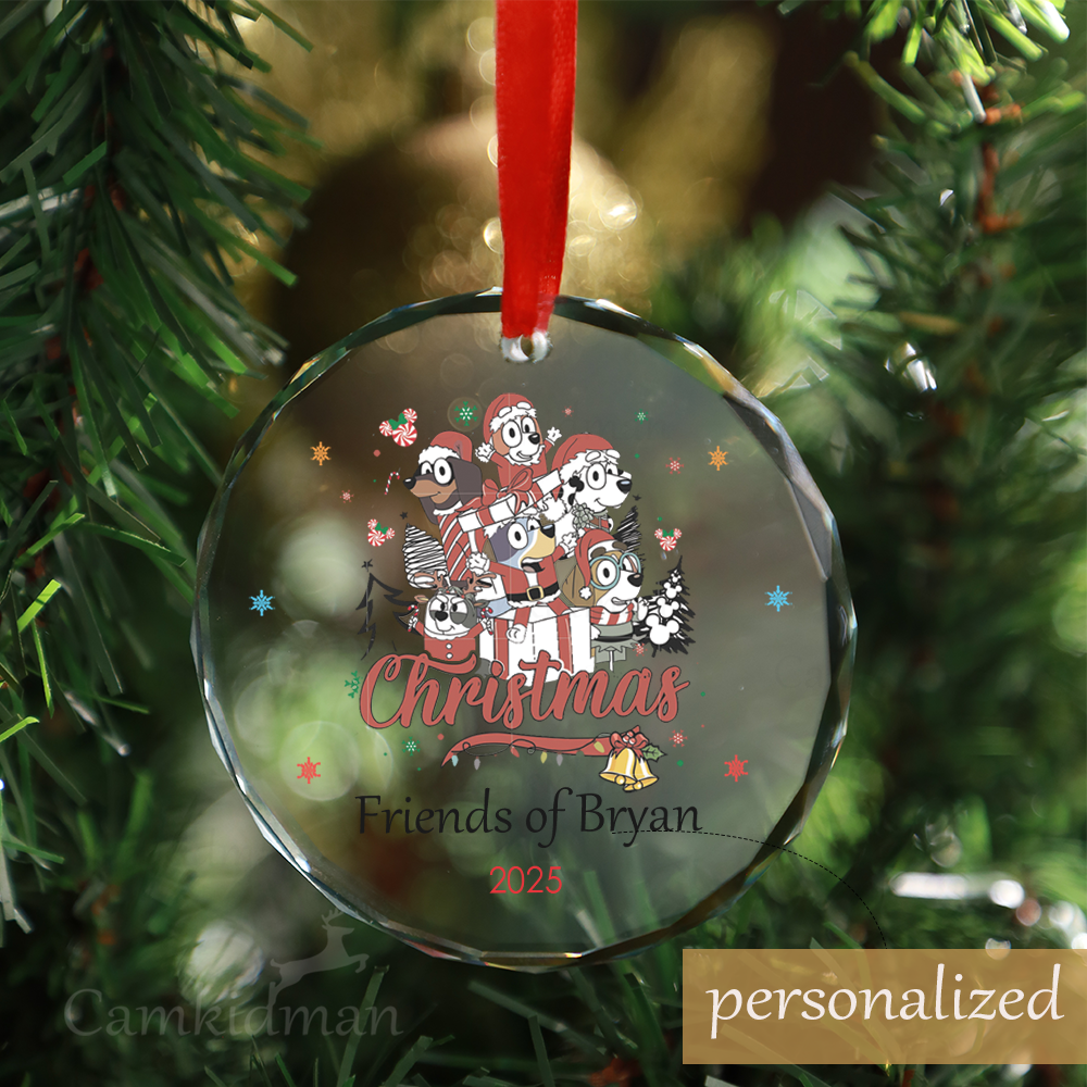 Personalized Name Bluey Friends Characters Christmas Glass Ornament gifts family