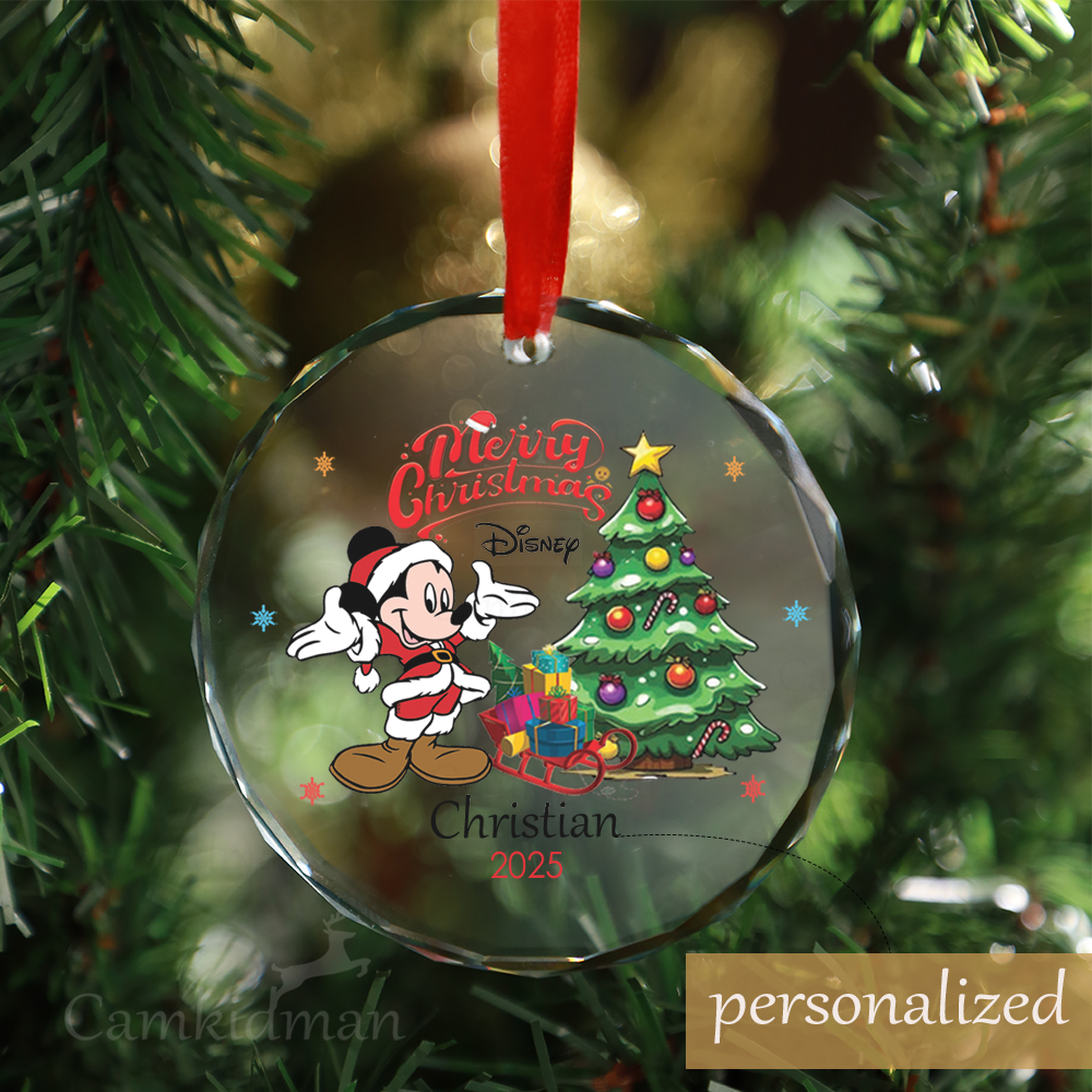 Personalized Name Disney Mickey with Christmas Tree Glass Glass Ornament Decoration