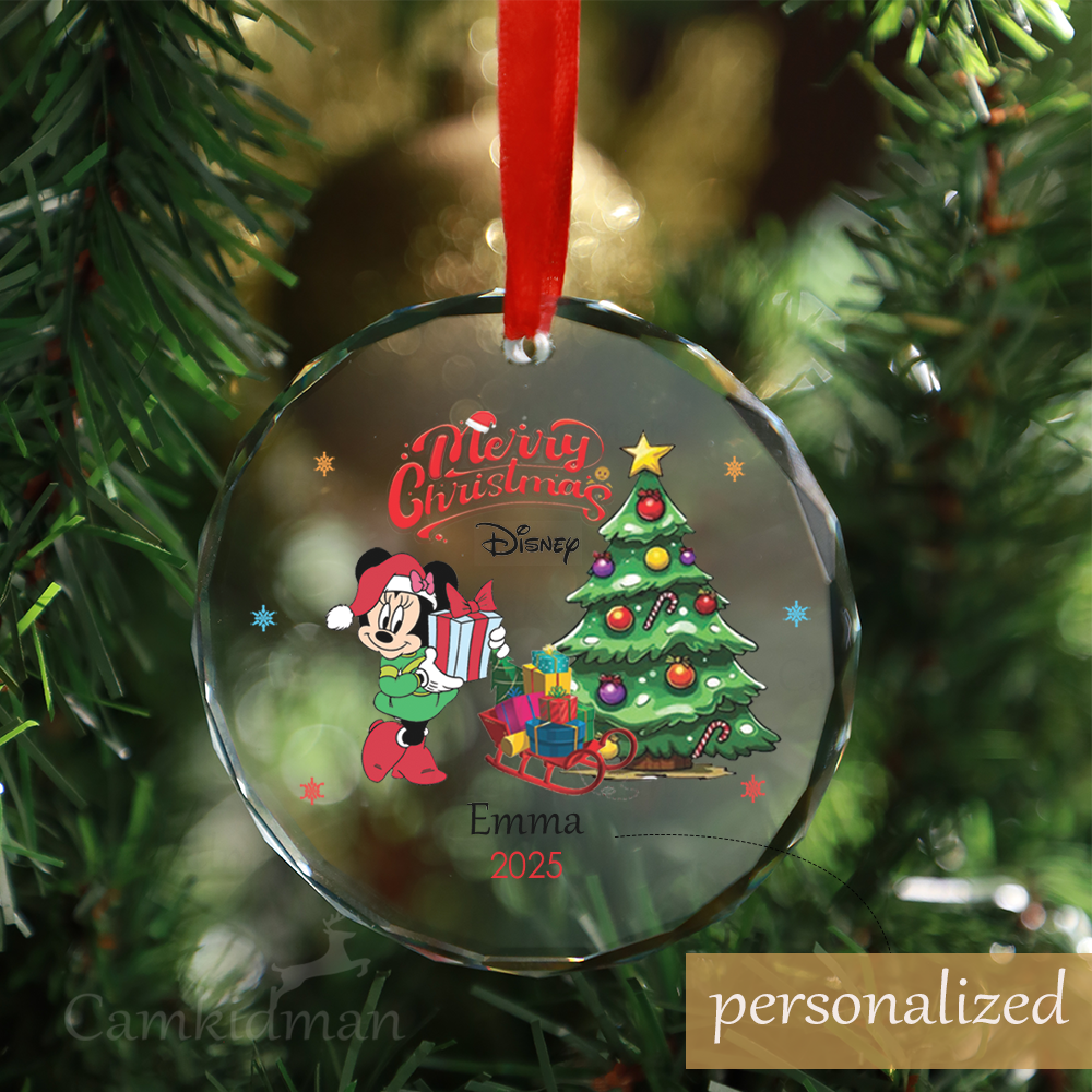Personalized Name Disney Minnie with Christmas Tree Glass Glass Ornament Decoration