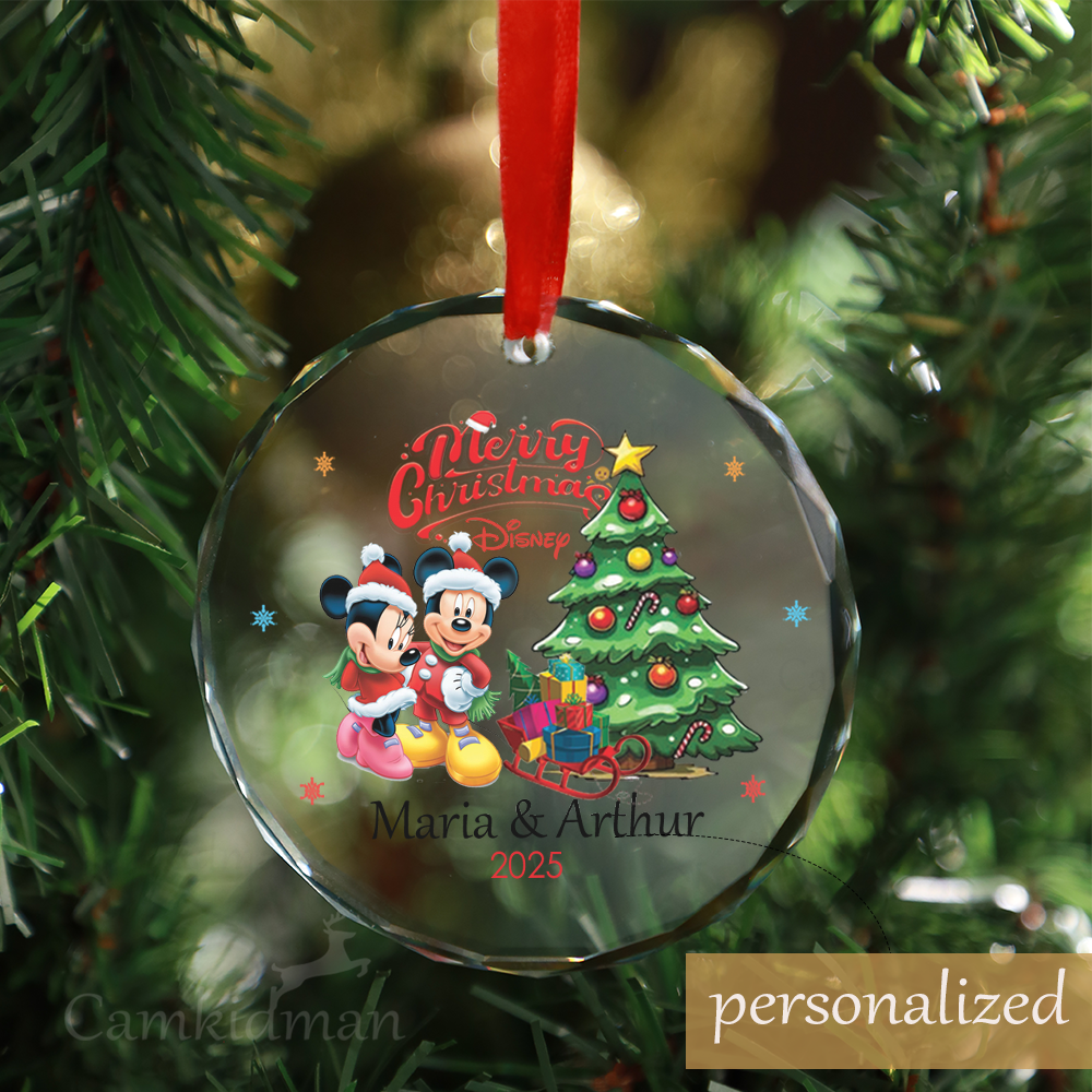 Personalized Name Disney Mickey Mouse Minnie with Christmas Tree Glass Ornament