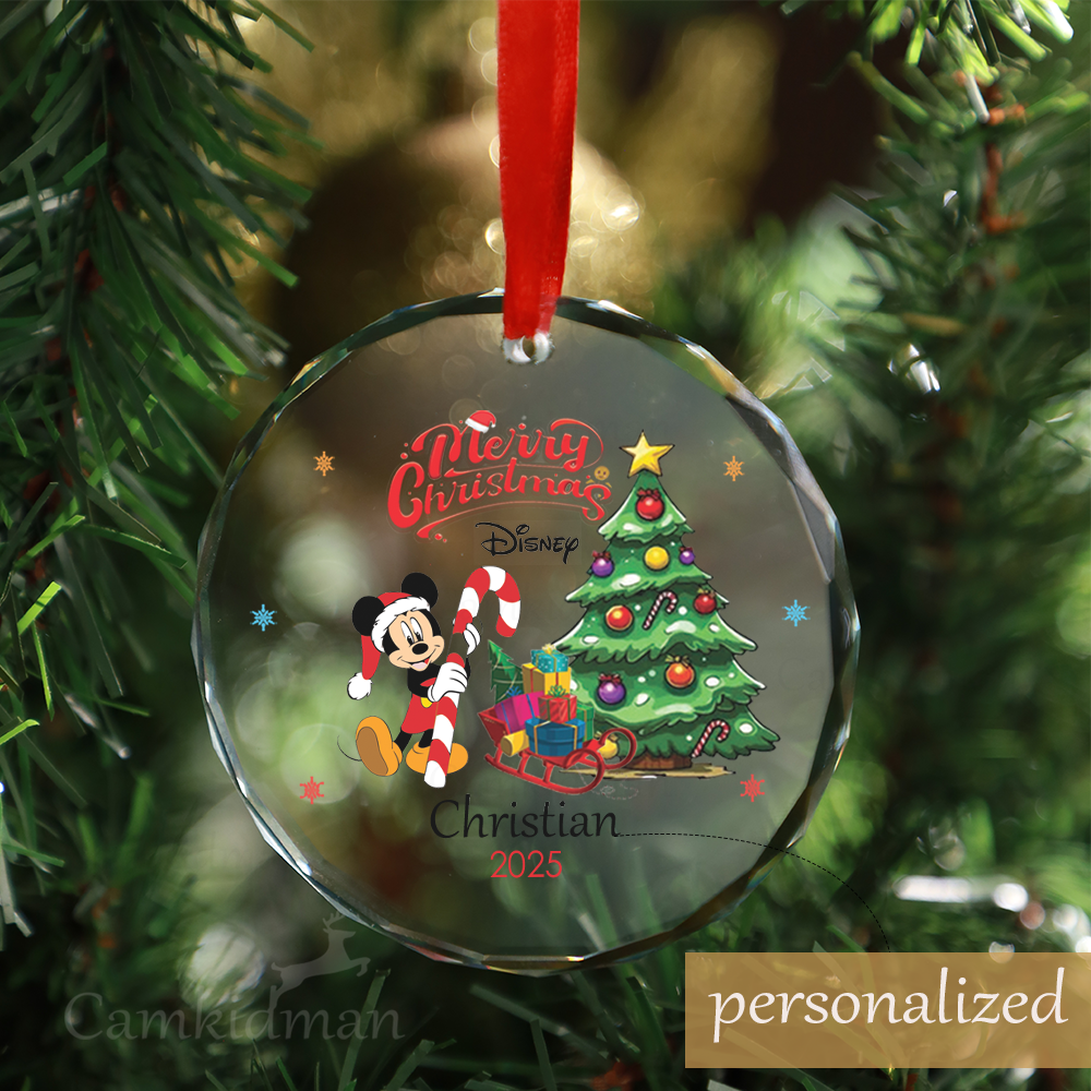 Personalized Name Disney Mouse Mickey Christmas Tree 2025 Glass Holiday Ornament